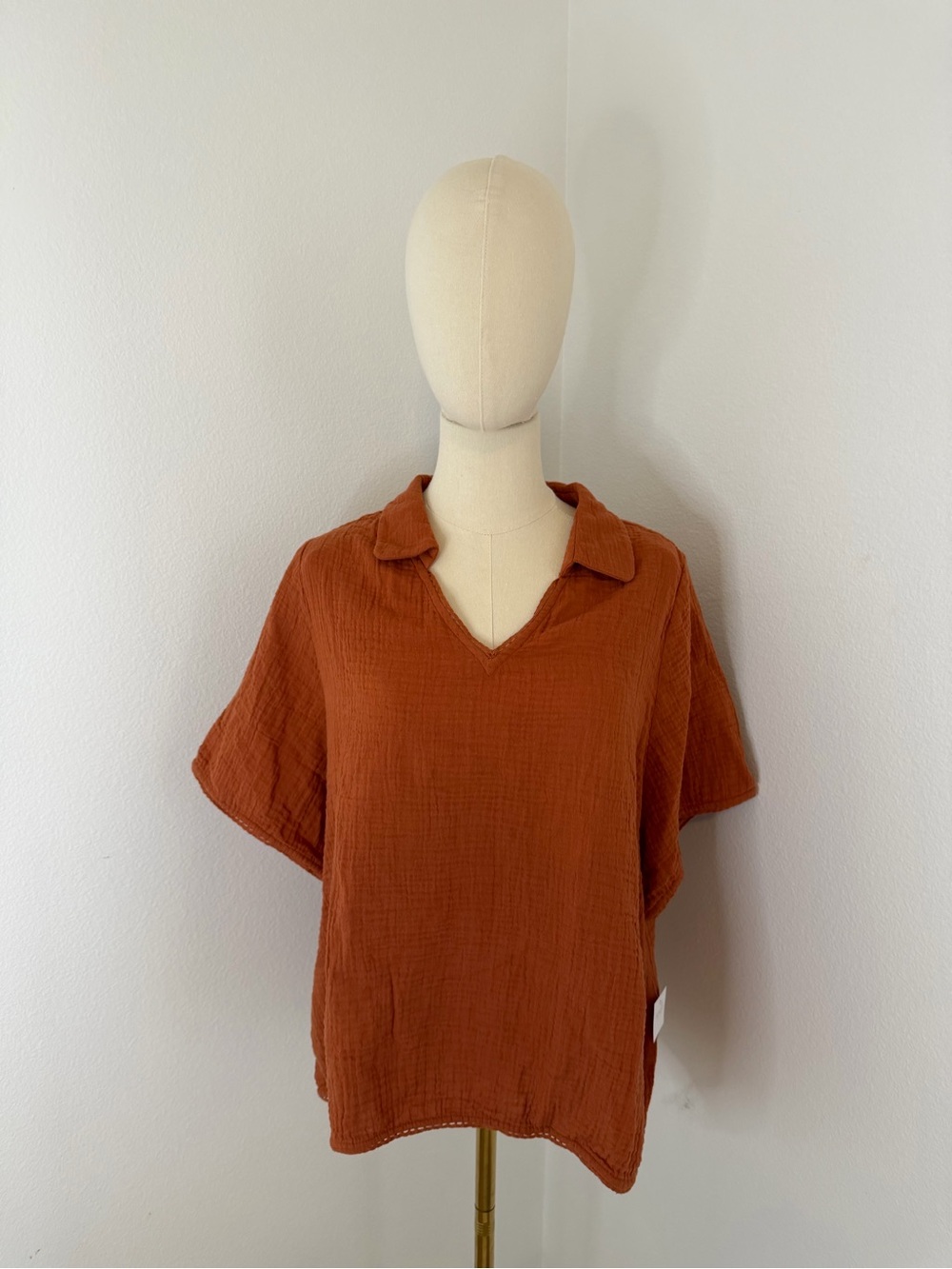 Nomad the Label Rust Orange Collared V-Neck 100% Cotton Top NWT - Size XL